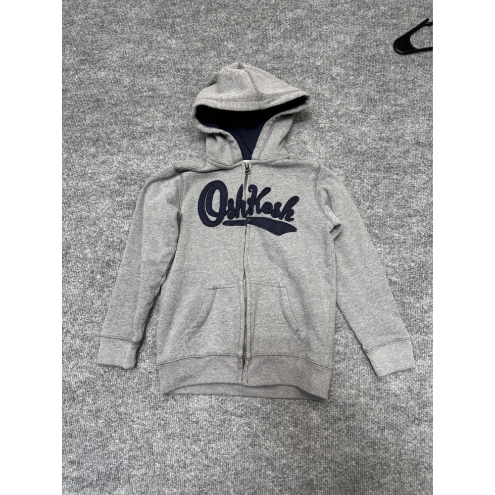 OshKosh Bgosh Boys Size 8 Gray Full Zip Hoodie Navy Blue Logo Fleece Sweatshirt